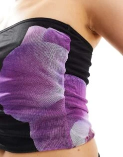 Kaiia Bandeau Top Co-ord In Black And Purple Flower Print For Women -Kaiia Online Shop 206183383 3