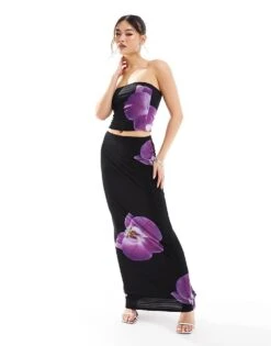 Kaiia Bandeau Top Co-ord In Black And Purple Flower Print For Women -Kaiia Online Shop 206183383 4