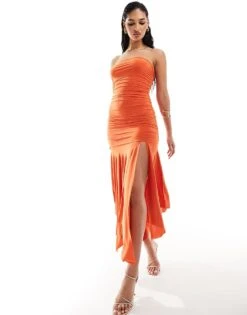 Kaiia Slinky Bandeau Ruched Dropped Waist Hanky Hem Maxi Dress In Orange For Women -Kaiia Online Shop 206183385 1 orange 1