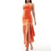 Kaiia Slinky Bandeau Ruched Dropped Waist Hanky Hem Maxi Dress In Orange For Women -Kaiia Online Shop 206183385 1 orange