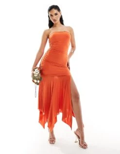 Kaiia Slinky Bandeau Ruched Dropped Waist Hanky Hem Maxi Dress In Orange For Women -Kaiia Online Shop 206183385 2