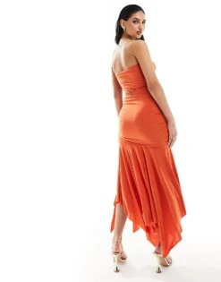 Kaiia Slinky Bandeau Ruched Dropped Waist Hanky Hem Maxi Dress In Orange For Women -Kaiia Online Shop 206183385 4