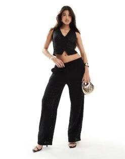 Kaiia Crochet Knit Waistcoat And Wide Leg Trouser Co-ord In Black -Kaiia Online Shop 206183413 1 black
