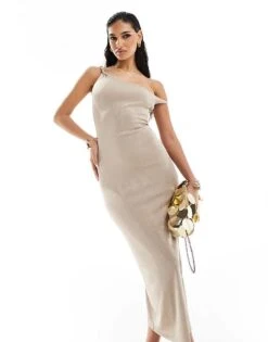 Kaiia Slinky Off Shoulder Bodycon Midi Dress In Light Taupe For Women