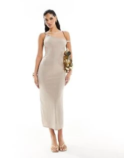Kaiia Slinky Off Shoulder Bodycon Midi Dress In Light Taupe For Women -Kaiia Online Shop 206183414 4