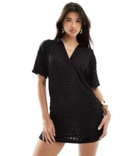 Kaiia Crochet Polo Shirt Mini Dress In Black For Women