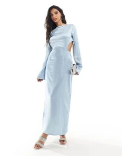 Kaiia Satin Cut Out Bow Back Maxi Dress In Baby Blue For Women