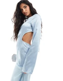 Kaiia Satin Cut Out Bow Back Maxi Dress In Baby Blue For Women -Kaiia Online Shop 206186444 4