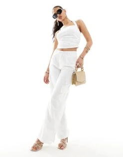 Kaiia Kaia Linen Look Halterneck Top And Wide Leg Trouser Co-ord In Whiite