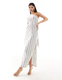 Kaiia Bandeau Oversized Tie Detail Maxi Dress In Cream Stripe For Women