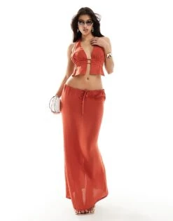 Kaiia Sleeveless Plunge Top And Maxi Skirt Co-ord In Rust -Kaiia Online Shop 206186476 1 rust