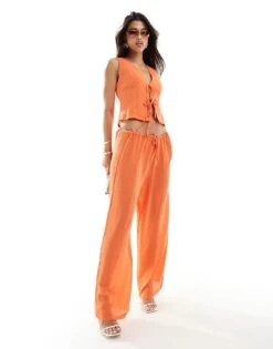 Kaiia Tie Front Waistcoat And Wide Leg Trouser Co-ord In Orange -Kaiia Online Shop 206186517 1 orange 1