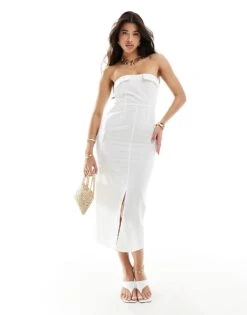 Kaiia Linen Bandeau Pocket Detail Front Split Midaxi Dress In White For Women -Kaiia Online Shop 206186645 1 white 1