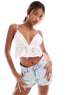 Kaiia Broderie Peplum Tie Front Cami Top In White For Women