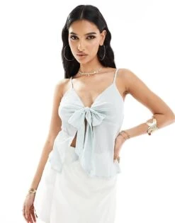 Kaiia Semi Sheer Tie Front Cami Top In Baby Blue For Women -Kaiia Online Shop 206186665 1 babyblue 1