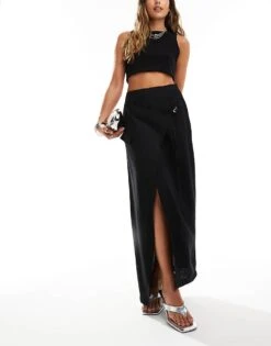 Kaiia Linen Look Cropped Shirt And Buckle Detail Maxi Skirt In Black 8 Kaiia Linen Look Cropped Shirt And Buckle Detail Maxi Skirt In Black -Kaiia Online Shop 206186683 1 black