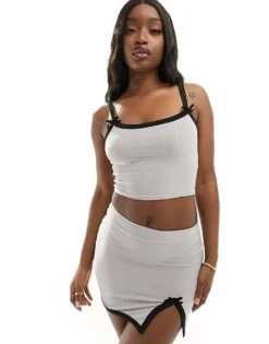 Kaiia Contrast Trim Bow Detail Cami Top And Mini Skirt Co-ord In Grey -Kaiia Online Shop 206197309 1 greyblack 2