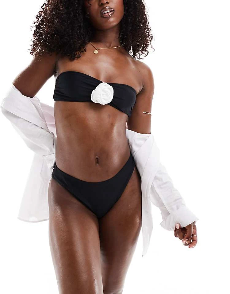 Kaiia Bandeau Contrast Corsage Detail Bikini Top And Briefs Co-ord In Black 3 Kaiia Bandeau Contrast Corsage Detail Bikini Top And Briefs Co-ord In Black - Image 2