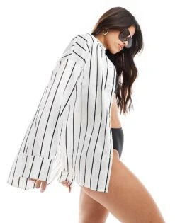 Kaiia Satin Oversized Beach Shirt In Black And White Stripe For Women
