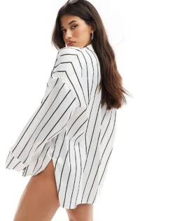 Kaiia Satin Oversized Beach Shirt In Black And White Stripe For Women -Kaiia Online Shop 206242535 4