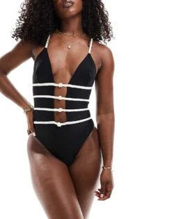 Kaiia Plunge Cut Out Rose Detail Swimsuit In Monochrome For Women Black -Kaiia Online Shop 206242545 1 black 1