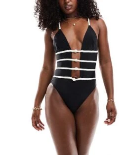 Kaiia Plunge Cut Out Rose Detail Swimsuit In Monochrome For Women Black -Kaiia Online Shop 206242545 3