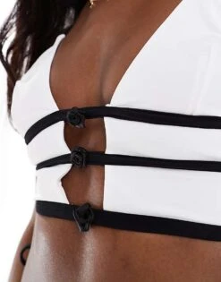 Kaiia Longline Corsage Detail Bikini Top Co-ord In Monochrome For Women White -Kaiia Online Shop 206242593 3