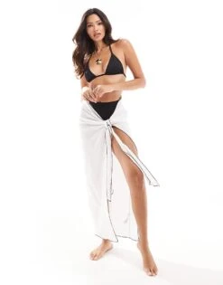 Kaiia Linen Look Contrast Trim Sarong In White For Women