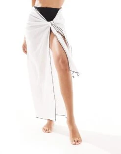 Kaiia Linen Look Contrast Trim Sarong In White For Women -Kaiia Online Shop 206242623 4