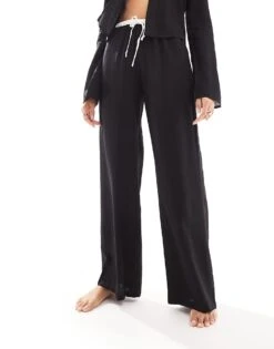 Kaiia Linen Contrast Trim Tie Front Beach Shirt And Trouser Co-ord In Black -Kaiia Online Shop 206242813 1 black 1