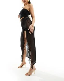 Kaiia Sheer Ruffle Detail Maxi Beach Skirt In Black For Women -Kaiia Online Shop 206242996 3