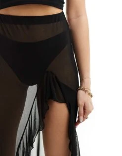 Kaiia Sheer Ruffle Detail Maxi Beach Skirt In Black For Women -Kaiia Online Shop 206242996 4