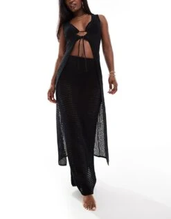 Kaiia Crochet Knit Tie Front Maxi Top And Beach Skirt Co-ord In Black -Kaiia Online Shop 206243006 1 black