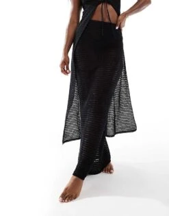 Kaiia Crochet Knit Tie Front Maxi Top And Beach Skirt Co-ord In Black -Kaiia Online Shop 206243026 1 black