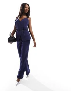 Kaiia Longline Waistcoat And Wide Leg Trousers Co-ord In Navy