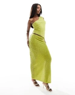 Kaiia Textured One Shoulder Top And Maxi Skirt Co-ord In Lime