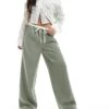 Kaiia Drawstring Contrast Waist Wide Leg Trousers In Sage For Women Sage & White -Kaiia Online Shop 206266872 1 sagewhite