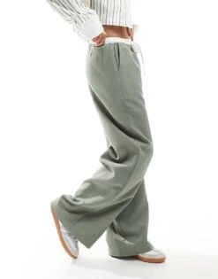 Kaiia Drawstring Contrast Waist Wide Leg Trousers In Sage For Women Sage & White -Kaiia Online Shop 206266872 4