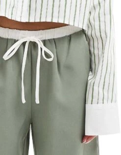 Kaiia Drawstring Contrast Waist Wide Leg Trousers In Sage For Women Sage & White -Kaiia Online Shop 206266872 5