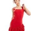 Kaiia Sleeveless Square Neck Ruffle Hem Mini Dress In Red For Women -Kaiia Online Shop 206345261 1 red