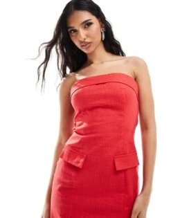 Kaiia Linen Look Tailored Fold Over Bandeau Pocket Detail Maxi Dress In Red For Women -Kaiia Online Shop 206345334 4