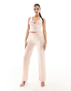 Kaiia Sequin Tie Front Top And Wide Leg Trousers Co-ord In Pale Pink 8 Kaiia Sequin Tie Front Top And Wide Leg Trousers Co-ord In Pale Pink -Kaiia Online Shop 206345355 1 palepink