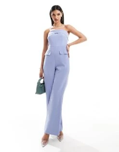 Kaiia Tailored Bandeau Foldover Wide Leg Jumpsuit In Blue For Women Cornflower Blue