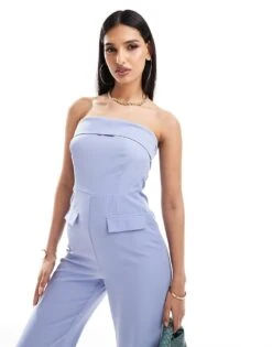 Kaiia Tailored Bandeau Foldover Wide Leg Jumpsuit In Blue For Women Cornflower Blue -Kaiia Online Shop 206345374 4