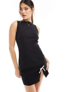 Kaiia Sleeveless Contrast Bow Detail Thigh Split Mini Dress In Black For Women -Kaiia Online Shop 206345375 1 black 1