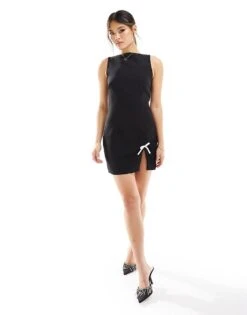 Kaiia Sleeveless Contrast Bow Detail Thigh Split Mini Dress In Black For Women -Kaiia Online Shop 206345375 4