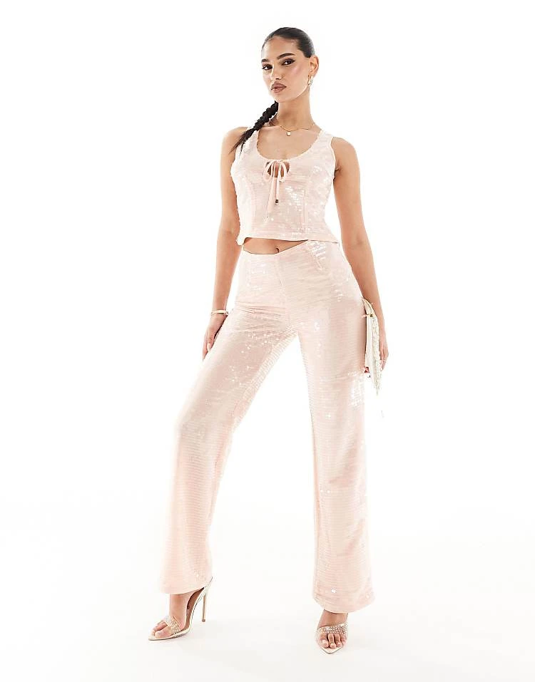 Kaiia Sequin Tie Front Top And Wide Leg Trousers Co-ord In Pale Pink 4 Kaiia Sequin Tie Front Top And Wide Leg Trousers Co-ord In Pale Pink - Image 2