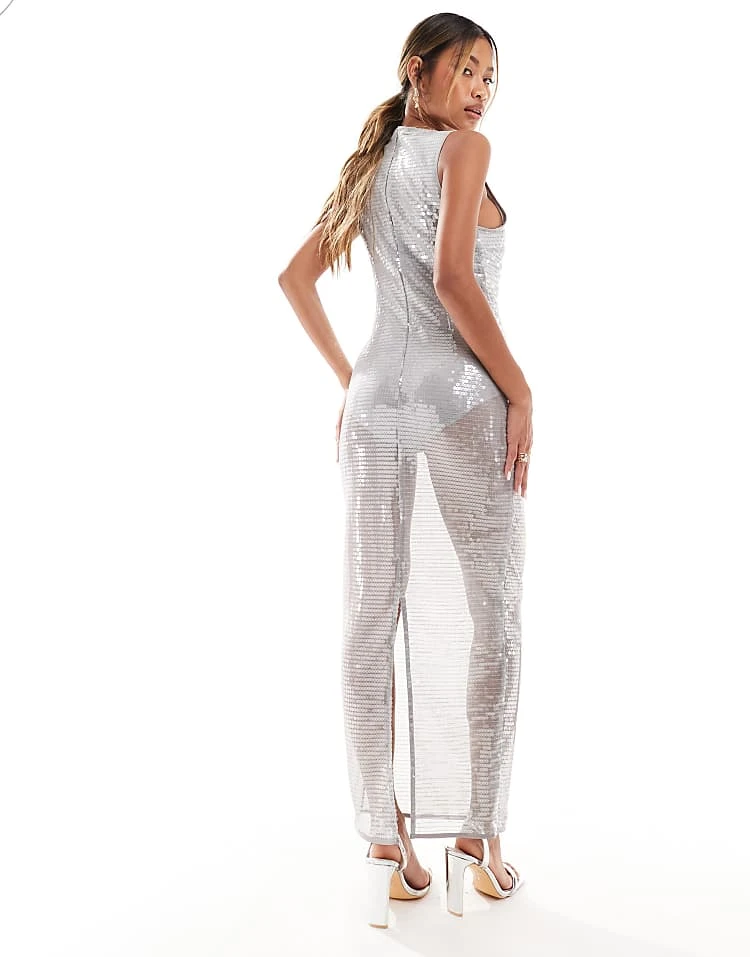 Kaiia Sheer Sequin Sleeveless Tie Front Maxi Dress In Silver For Women Silver Grey 5 Kaiia Sheer Sequin Sleeveless Tie Front Maxi Dress In Silver For Women Silver Grey - Image 3