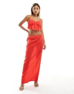 Kaiia Textured Shirred Cami Crop Top And Maxi Skirt Co-ord In Red