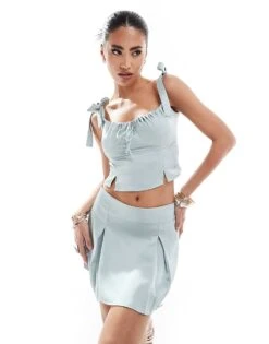 Kaiia Satin Bow Tie Sleeve Cami Top And Mini Skirt Co-ord In Blue -Kaiia Online Shop 206419820 1 blue